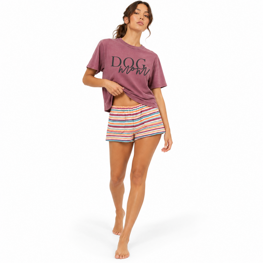 Front view of the Dog Mom women's vintage-style garment-dyed graphic tee featuring a relaxed mid-length fit for proud dog moms, dog owners, and animal lovers.