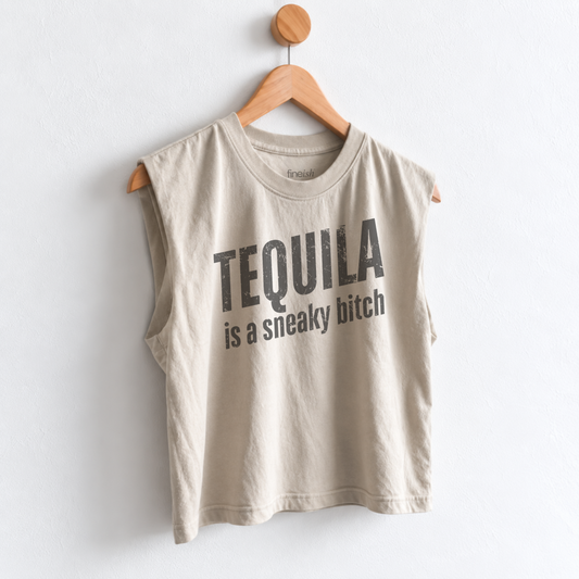 Women’s Tequila Is a Sneaky B*tch muscle tank featuring a funny tequila saying, perfect for margarita nights, girls trips, happy hour, and girls night.