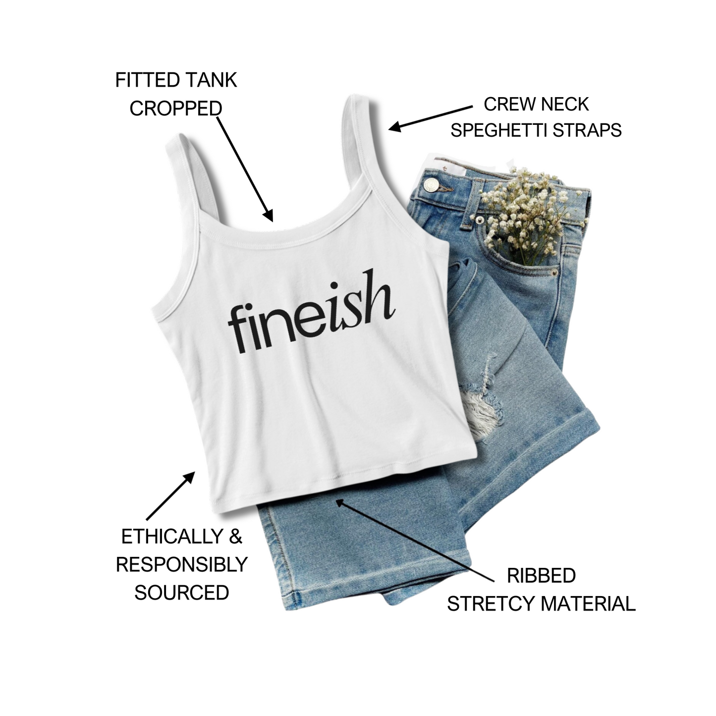 Women’s ribbed crop tank product details showing spaghetti straps, cropped at waist length, and fitted silhouette. Close-up of women’s ribbed crop tank highlighting spaghetti strap design, cropped waist cut, and fitted shape.