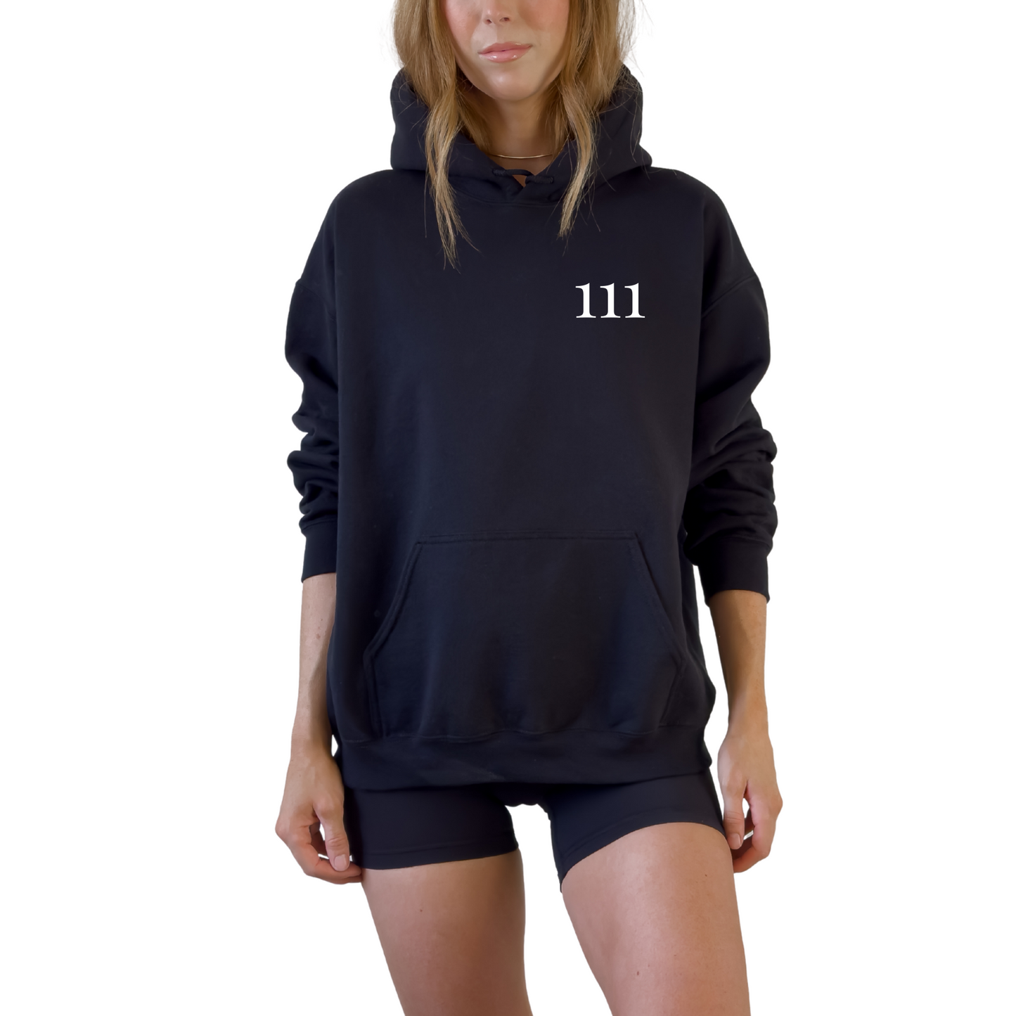 Unisex angel number 111 black hoodie with minimal front graphic and bold back print reading big things are coming, manifestation sweatshirt for spiritual lifestyle, law of attraction clothing, cozy oversized hooded sweatshirt, neutral aesthetic hoodie for everyday wear, positive energy fashion piece