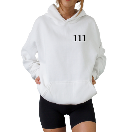 Unisex angel number 111 white hoodie with minimal front graphic and bold back print reading big things are coming, manifestation sweatshirt for spiritual lifestyle, law of attraction clothing, cozy oversized hooded sweatshirt, neutral aesthetic hoodie for everyday wear, positive energy fashion piece