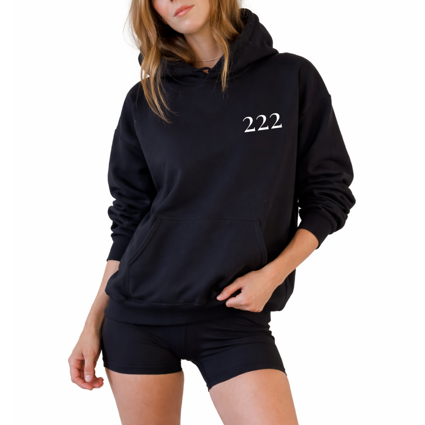Unisex angel number 222 black hoodie featuring minimal front numerology design and back print reading right place right time, spiritual alignment sweatshirt for divine timing, balance and synchronicity, soft cozy hooded pullover, neutral aesthetic hoodie for everyday casual wear and mindful living