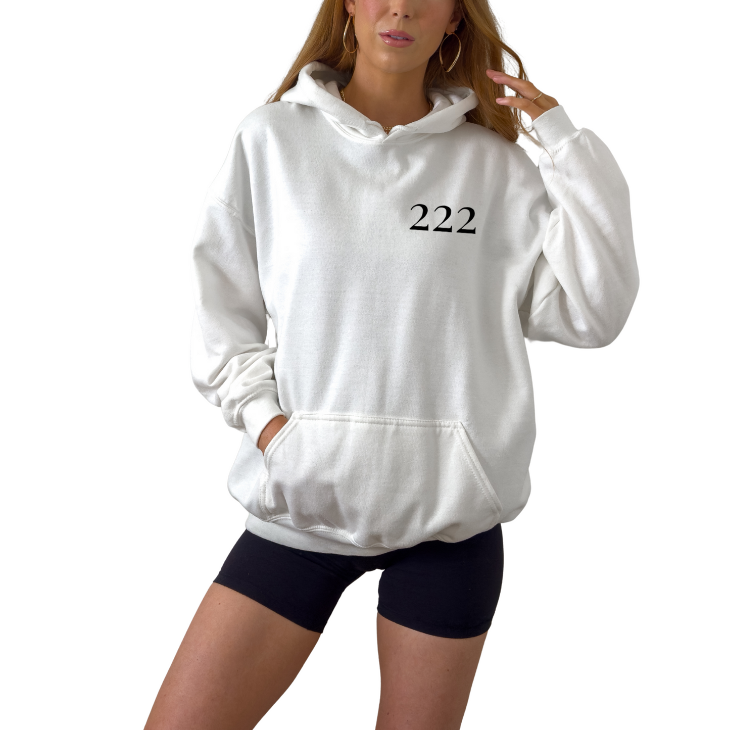Unisex angel number 222 white hoodie featuring minimal front numerology design and back print reading right place right time, spiritual alignment sweatshirt for divine timing, balance and synchronicity, soft cozy hooded pullover, neutral aesthetic hoodie for everyday casual wear and mindful living