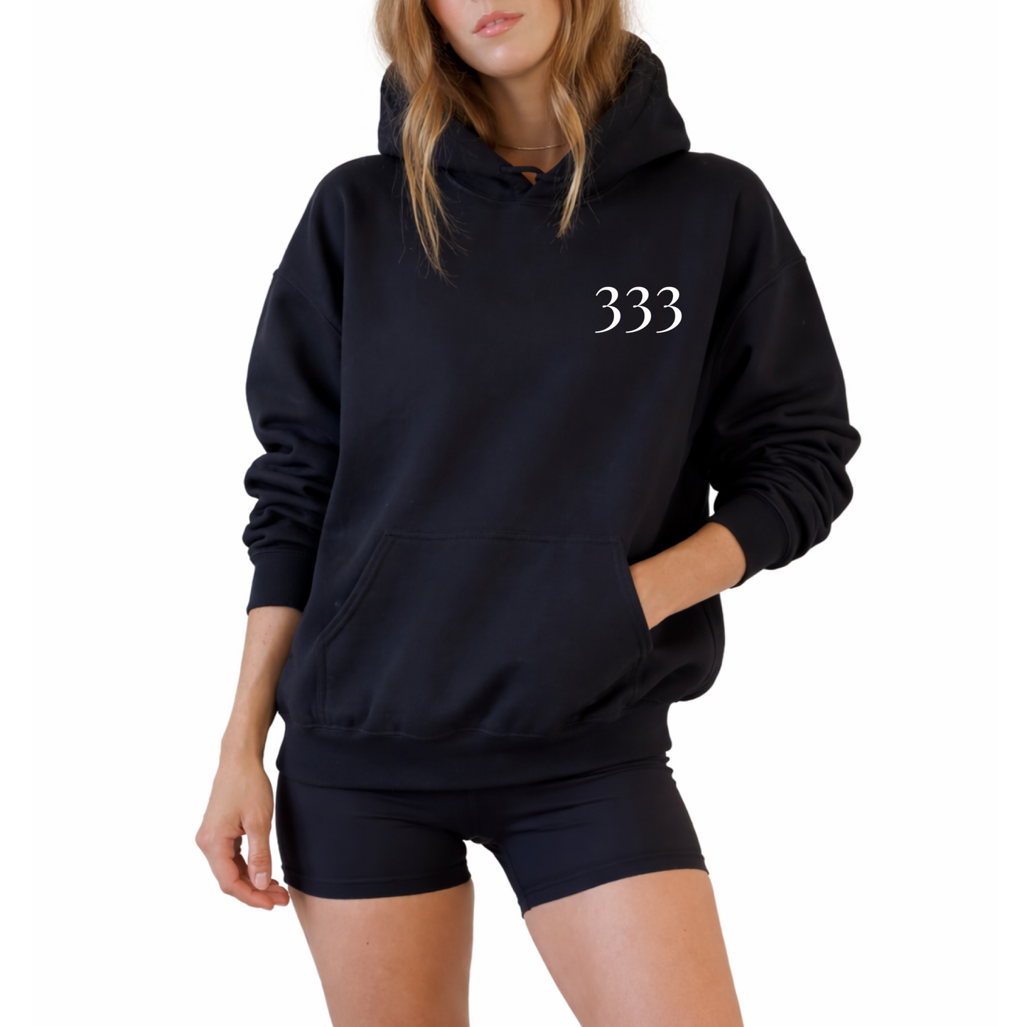 Unisex angel number 333 black hoodie with clean front numerology design and back print reading new life and abundance, manifestation sweatshirt for spiritual growth and expansion, cozy hooded pullover with relaxed fit, neutral aesthetic hoodie for daily wear, abundance mindset clothing piece