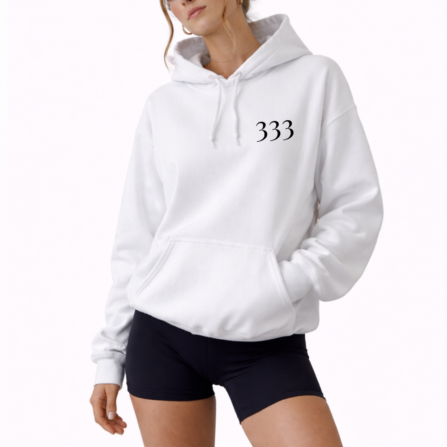 Unisex angel number 333 white hoodie with clean front numerology design and back print reading new life and abundance, manifestation sweatshirt for spiritual growth and expansion, cozy hooded pullover with relaxed fit, neutral aesthetic hoodie for daily wear, abundance mindset clothing piece