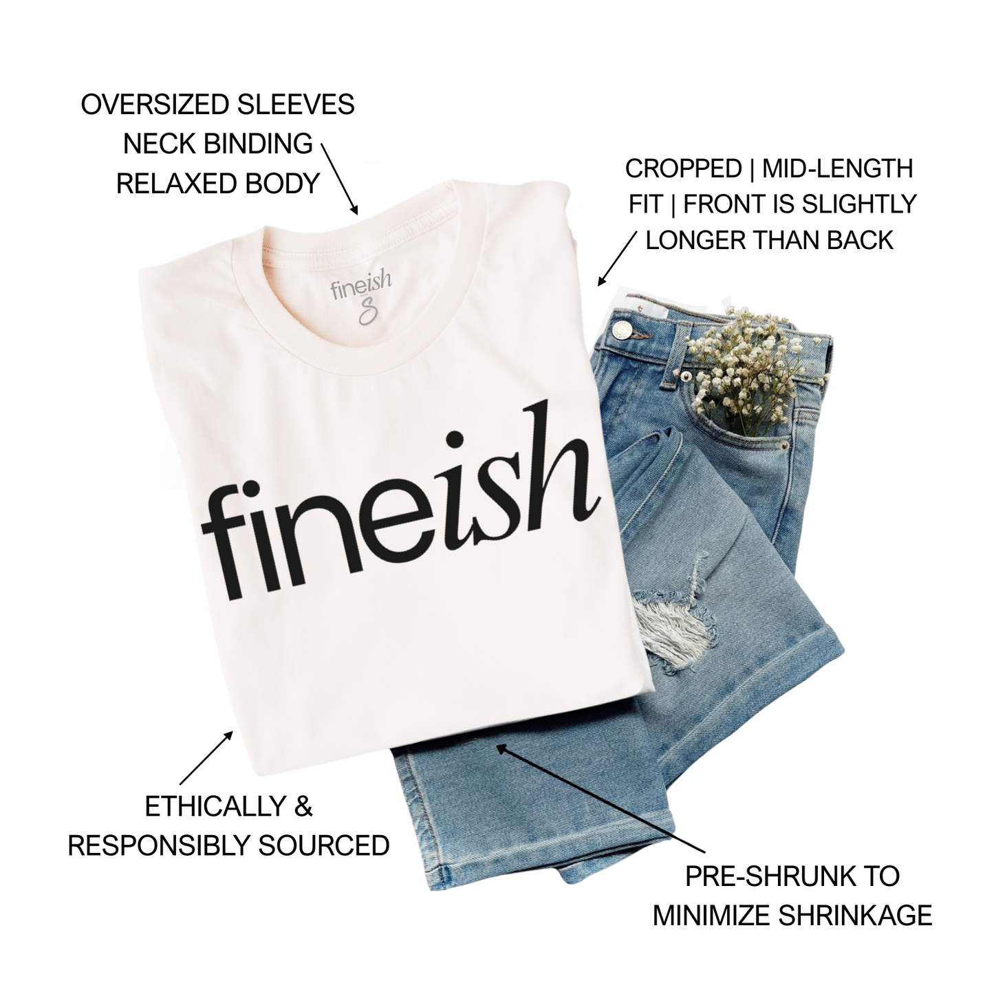 fineish Women’s crop jersey tee product details image showing relaxed fit, oversized sleeves, dropped back hem, finished hemline, and lightweight Airlume cotton fabric. Product details graphic of women’s cropped t-shirt highlighting ultra-soft Airlume cotton, relaxed silhouette, neck binding, finished hem, and modern streetwear fit.