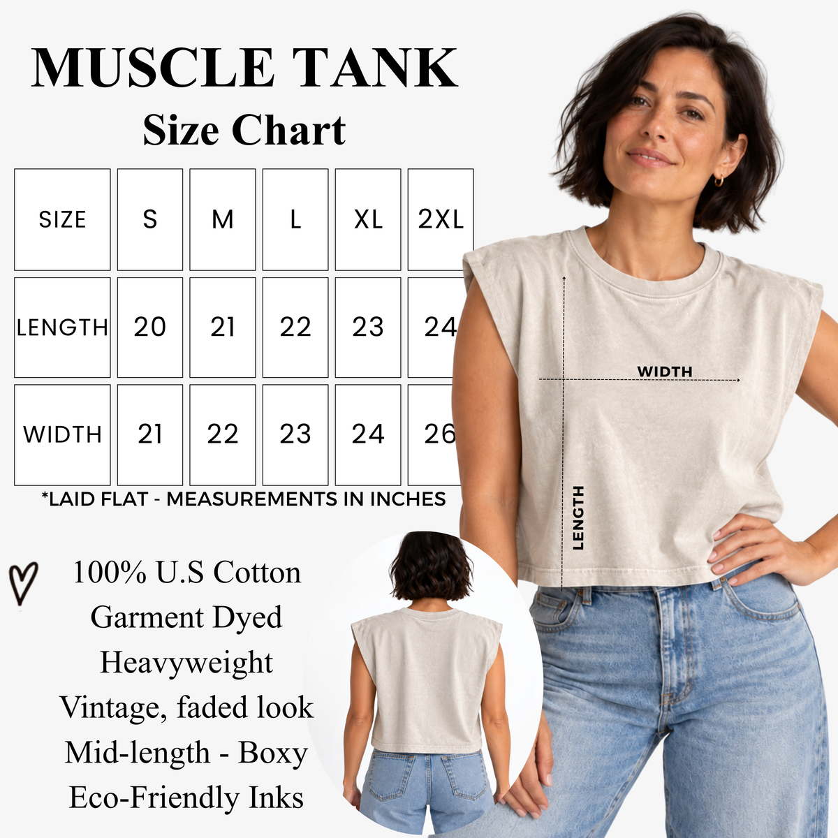 Women’s garment dyed muscle tank size guide and sizing chart for a heavyweight mid length sleeveless tank with a relaxed boxy fit, showing measurements and size information to help women choose the best fit.