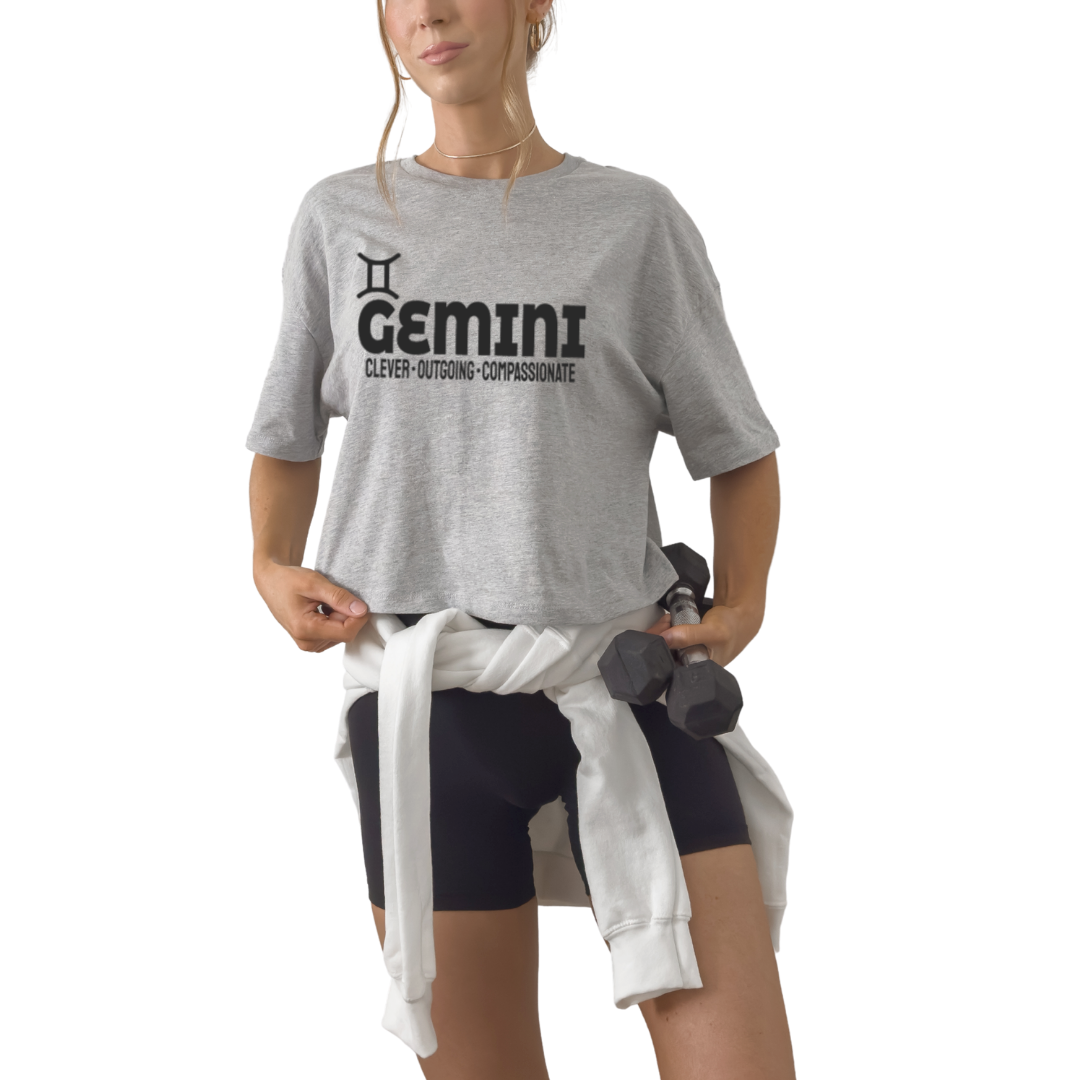 Gemini zodiac horoscope t-shirt featuring “Clever. Outgoing. Compassionate.” Astrology graphic tee for May and June air sign birthdays.