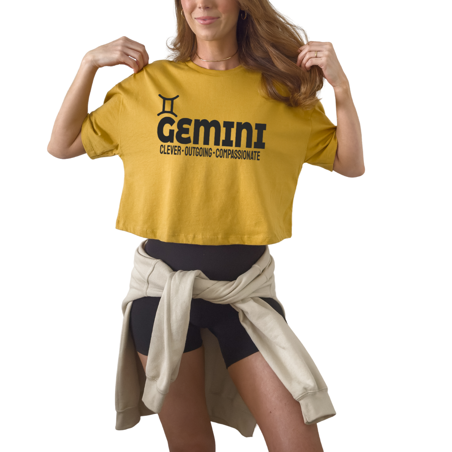 Gemini zodiac horoscope t-shirt featuring “Clever. Outgoing. Compassionate.” Astrology graphic tee for May and June air sign birthdays.