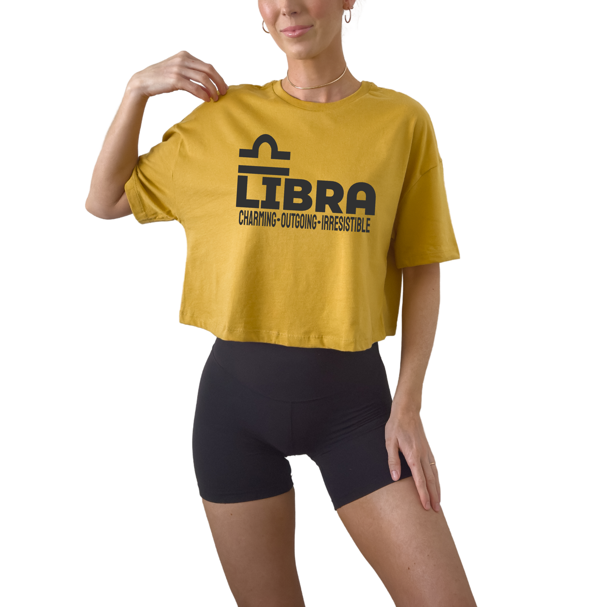 Libra zodiac horoscope t-shirt featuring “Charming. Outgoing. Irresistible.” Astrology graphic tee for September and October air sign birthdays.