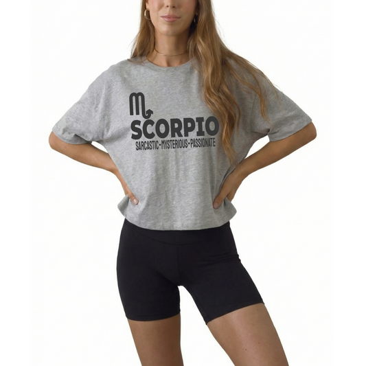 Scorpio zodiac horoscope t-shirt featuring “Sarcastic. Mysterious. Passionate.” Astrology graphic tee for October and November water sign birthdays.