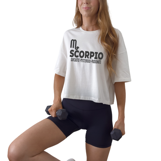 Scorpio zodiac horoscope t-shirt featuring “Sarcastic. Mysterious. Passionate.” Astrology graphic tee for October and November water sign birthdays.