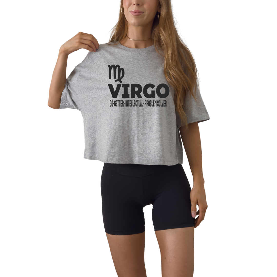 Virgo zodiac horoscope t-shirt featuring “Go-Getter. Intellectual. Problem Solver.” Astrology graphic tee for August and September earth sign birthdays.