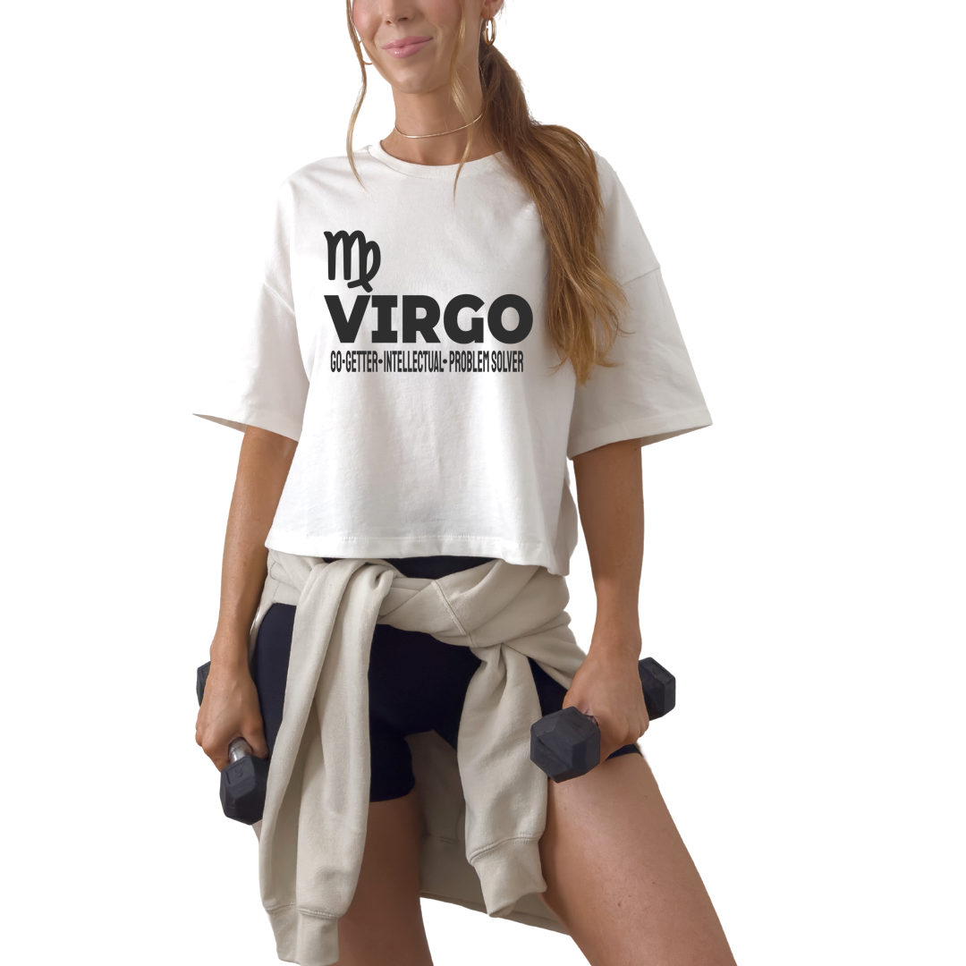 Virgo zodiac horoscope t-shirt featuring “Go-Getter. Intellectual. Problem Solver.” Astrology graphic tee for August and September earth sign birthdays.