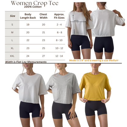 Women’s crop tee size and color guide showing relaxed fit with oversized sleeves and slightly longer back hem. Lightweight Airlume cotton crop jersey tee designed for flattering, streetwear-inspired summer style.