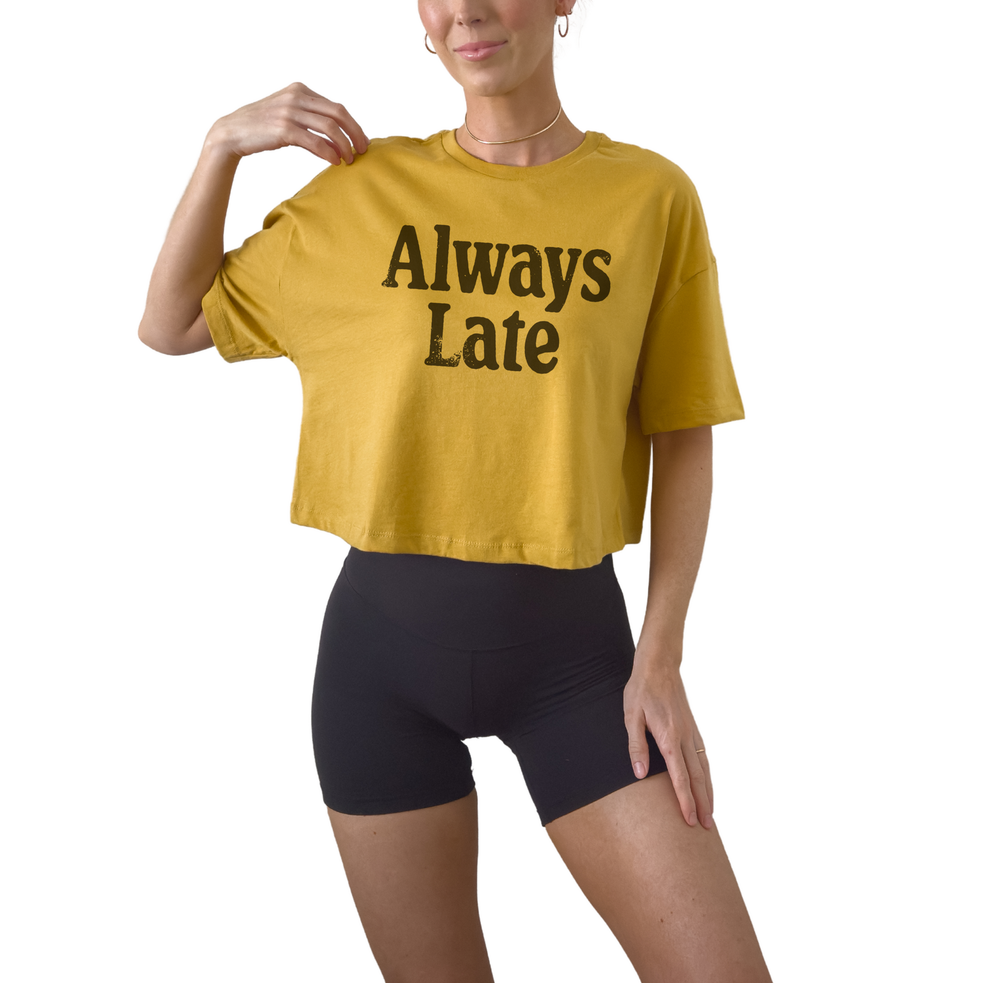 Always Late statement printed on women’s crop t-shirt. Trendy funny graphic tee and relatable gift idea.