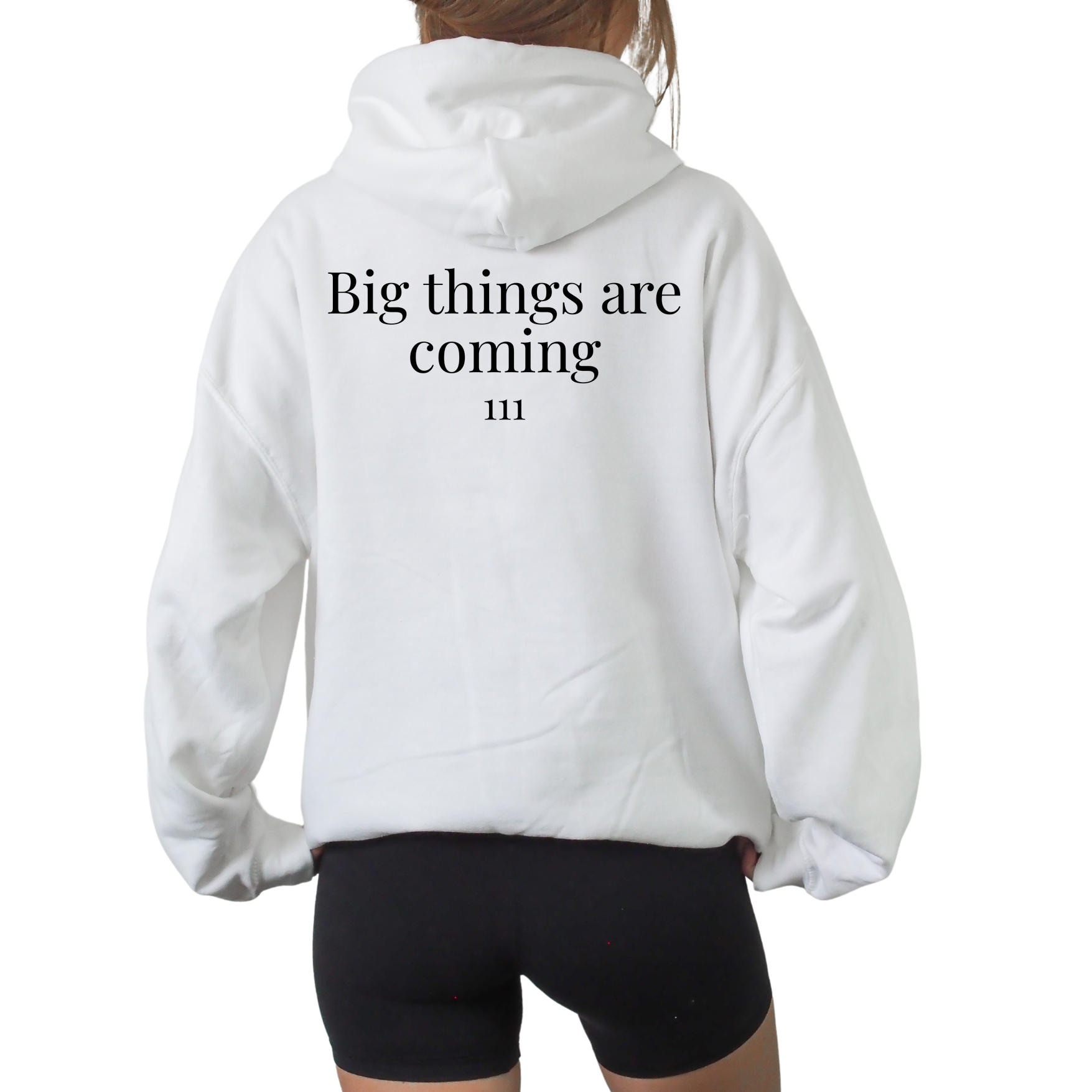 Unisex angel number 111 white hoodie with minimal front graphic and bold back print reading big things are coming, manifestation sweatshirt for spiritual lifestyle, law of attraction clothing, cozy oversized hooded sweatshirt, neutral aesthetic hoodie for everyday wear, positive energy fashion piece