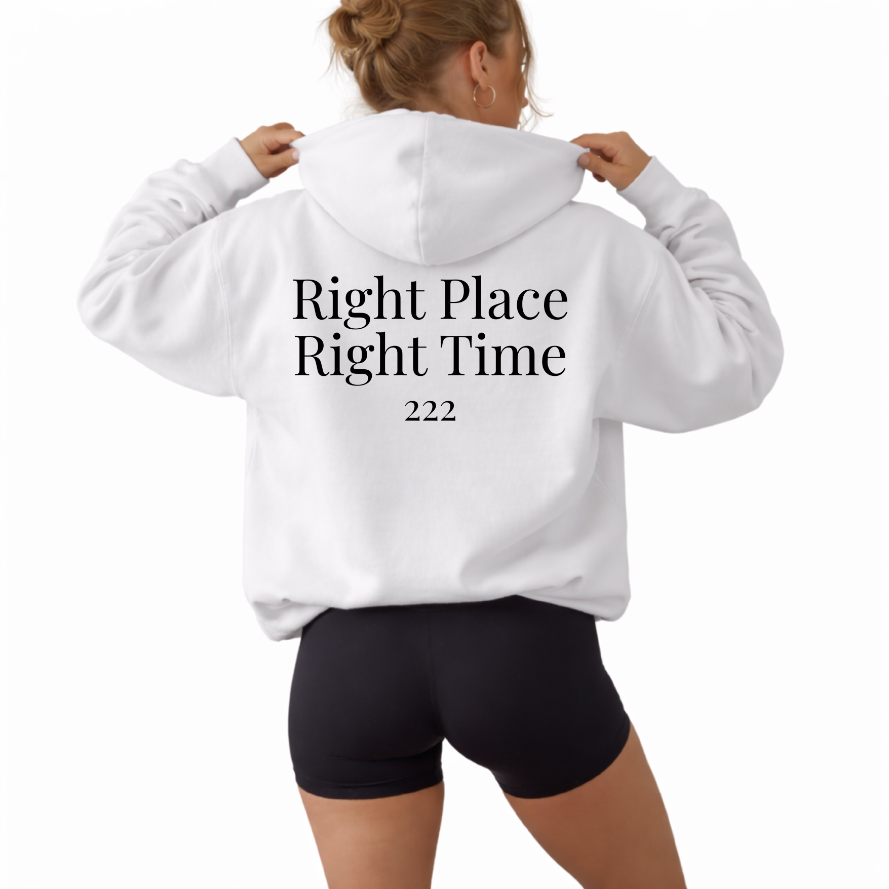 Unisex angel number 222 white hoodie featuring minimal front numerology design and back print reading right place right time, spiritual alignment sweatshirt for divine timing, balance and synchronicity, soft cozy hooded pullover, neutral aesthetic hoodie for everyday casual wear and mindful living