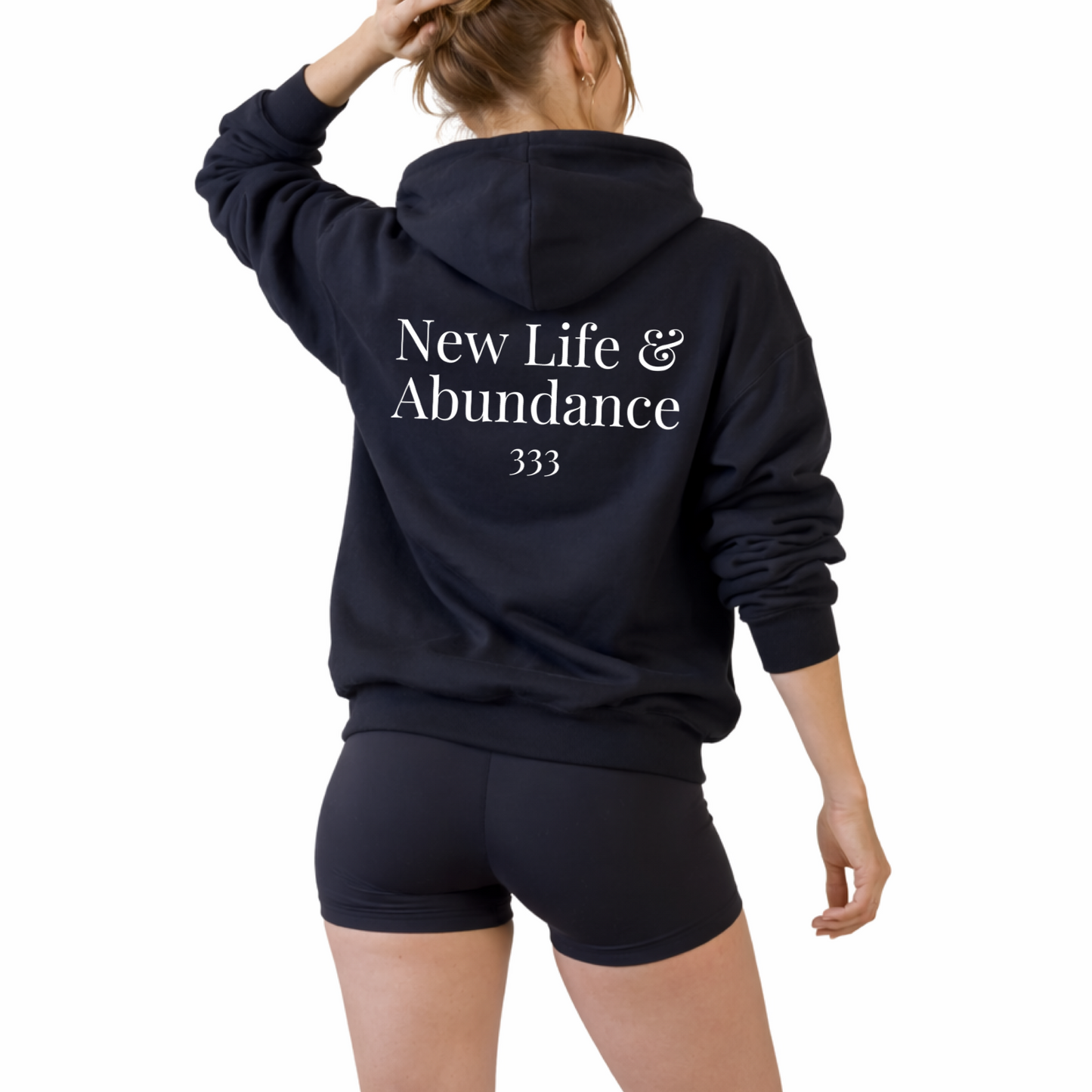 Unisex angel number 333 hoodie with clean front numerology design and back print reading new life and abundance, manifestation sweatshirt for spiritual growth and expansion, cozy hooded pullover with relaxed fit, neutral aesthetic hoodie for daily wear, abundance mindset clothing piece