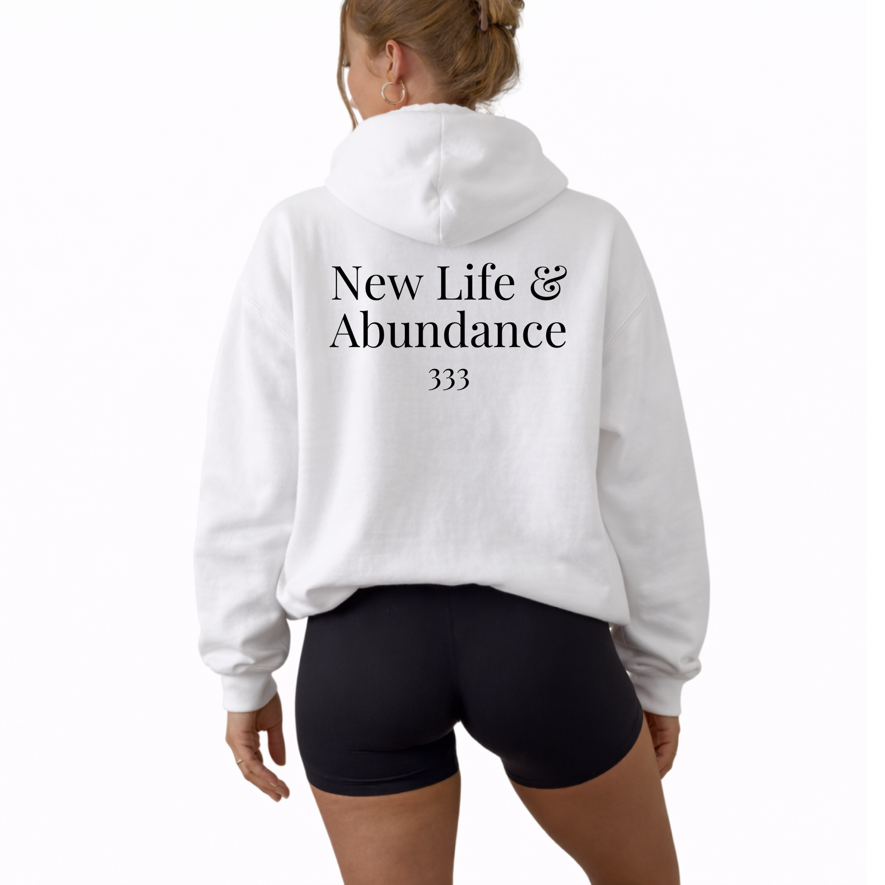 Unisex angel number 333 hoodie with clean front numerology design and back print reading new life and abundance, manifestation sweatshirt for spiritual growth and expansion, cozy hooded pullover with relaxed fit, neutral aesthetic hoodie for daily wear, abundance mindset clothing piece