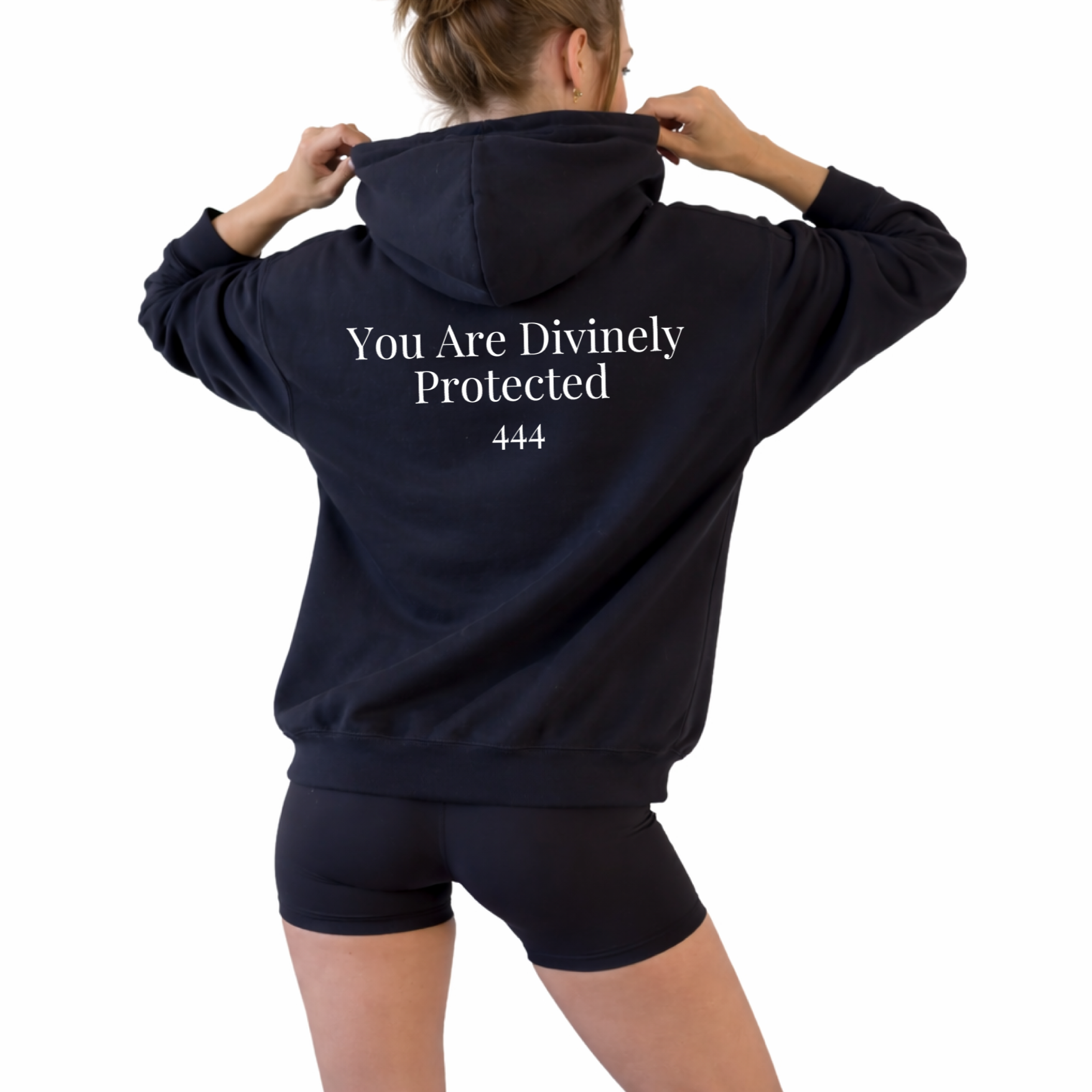 Unisex black hooded sweatshirt featuring angel number 444 on the front and “You Are Divinely Protected” text design, spiritual hoodie symbolizing protection, guidance, manifestation, and positive energy, soft cozy fabric ideal for everyday wear, mindfulness apparel, numerology inspired fashion piece