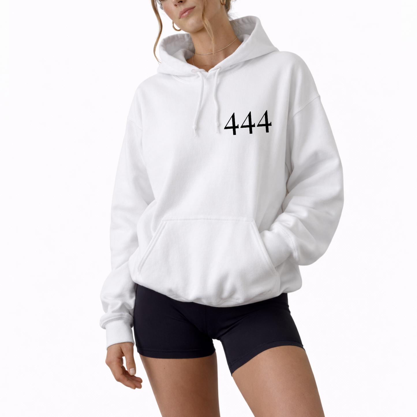 Unisex hooded white sweatshirt featuring angel number 444 on the front and “You Are Divinely Protected” text design, spiritual hoodie symbolizing protection, guidance, manifestation, and positive energy, soft cozy fabric ideal for everyday wear, mindfulness apparel, numerology inspired fashion piece