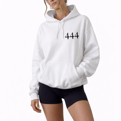 Unisex hooded white sweatshirt featuring angel number 444 on the front and “You Are Divinely Protected” text design, spiritual hoodie symbolizing protection, guidance, manifestation, and positive energy, soft cozy fabric ideal for everyday wear, mindfulness apparel, numerology inspired fashion piece