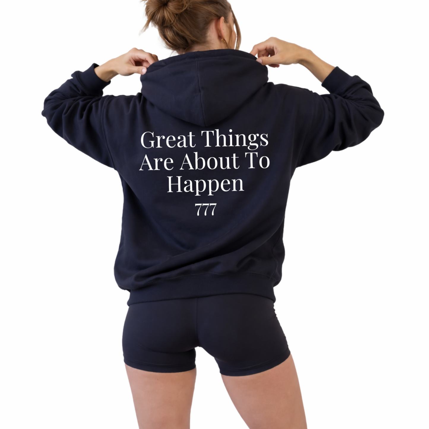 Unisex hoodie displaying angel number 777 on the front with “Great Things Are About to Happen” phrase, inspirational sweatshirt representing luck, alignment, spiritual awakening, and personal growth, soft pullover perfect for daily wear, uplifting numerology clothing with positive mindset message black hooded sweatshirt