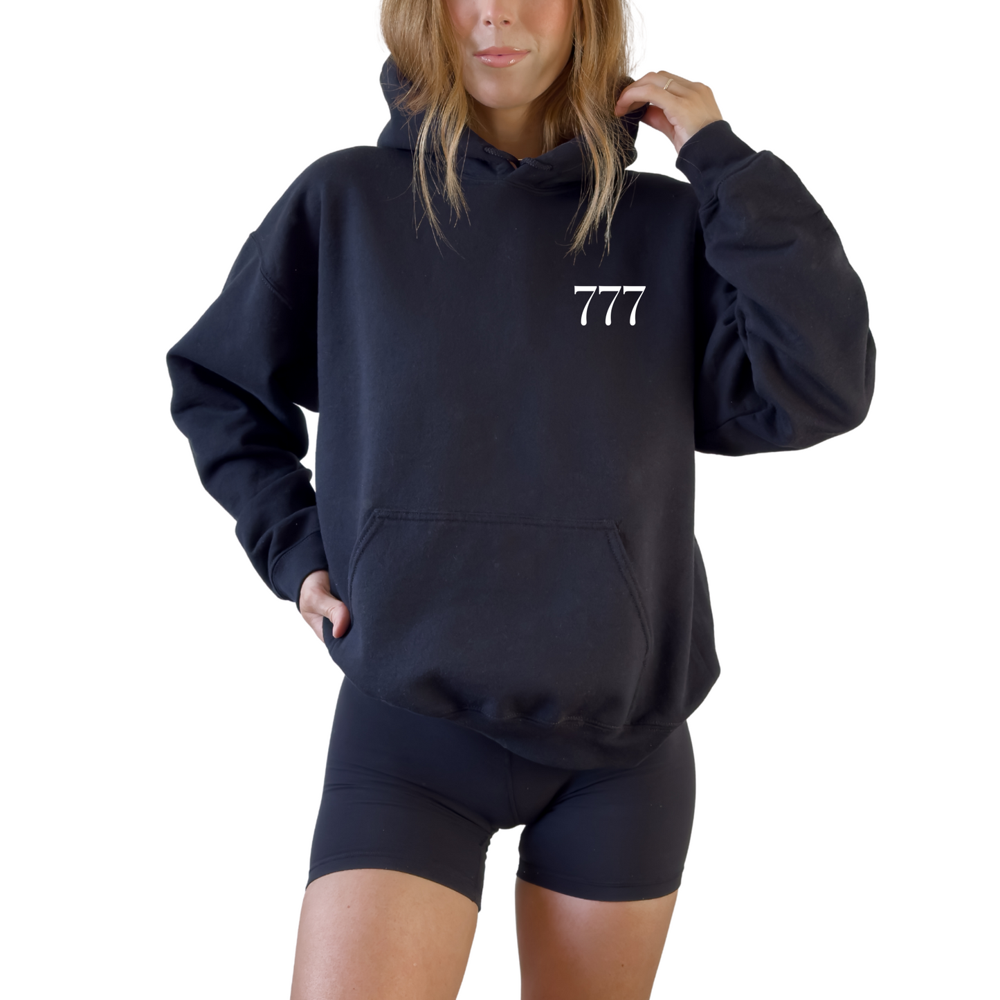 Unisex hoodie displaying angel number 777 on the front with “Great Things Are About to Happen” phrase, inspirational sweatshirt representing luck, alignment, spiritual awakening, and personal growth, soft pullover perfect for daily wear, uplifting numerology clothing with positive mindset message black hooded sweatshirt