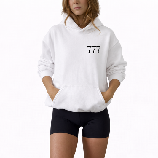 Unisex hoodie displaying angel number 777 on the front with “Great Things Are About to Happen” phrase, inspirational sweatshirt representing luck, alignment, spiritual awakening, and personal growth, soft pullover perfect for daily wear, uplifting numerology clothing with positive mindset message white hooded sweatshirt