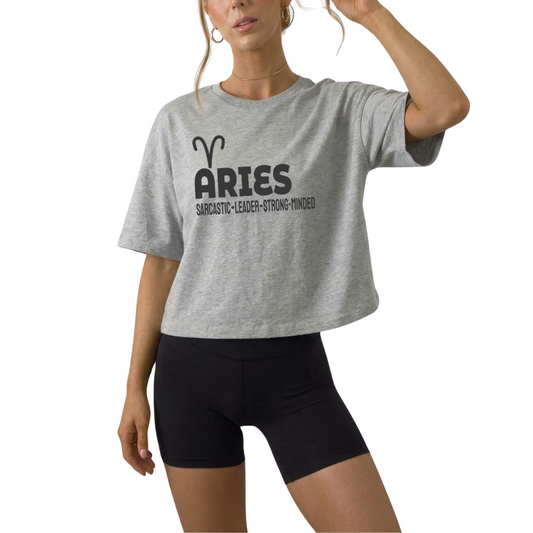 Aries zodiac horoscope t-shirt featuring “Sarcastic. Leader. Strong-Minded.” Astrology graphic tee for March and April birthdays and bold fire sign personalities.