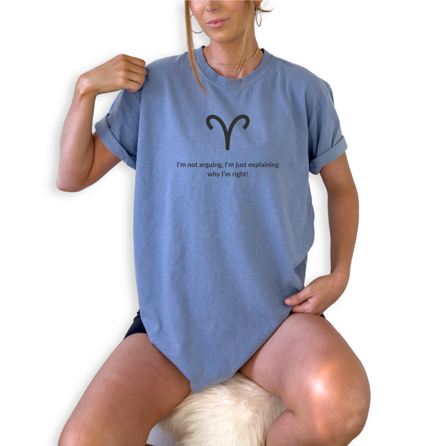 Aries zodiac t shirt with bold quote “I’m Not Arguing, I’m Just Explaining Why I’m Right.” Funny Aries birthday shirt for March and April born fire signs. Astrology graphic tee for confident, passionate horoscope fans.