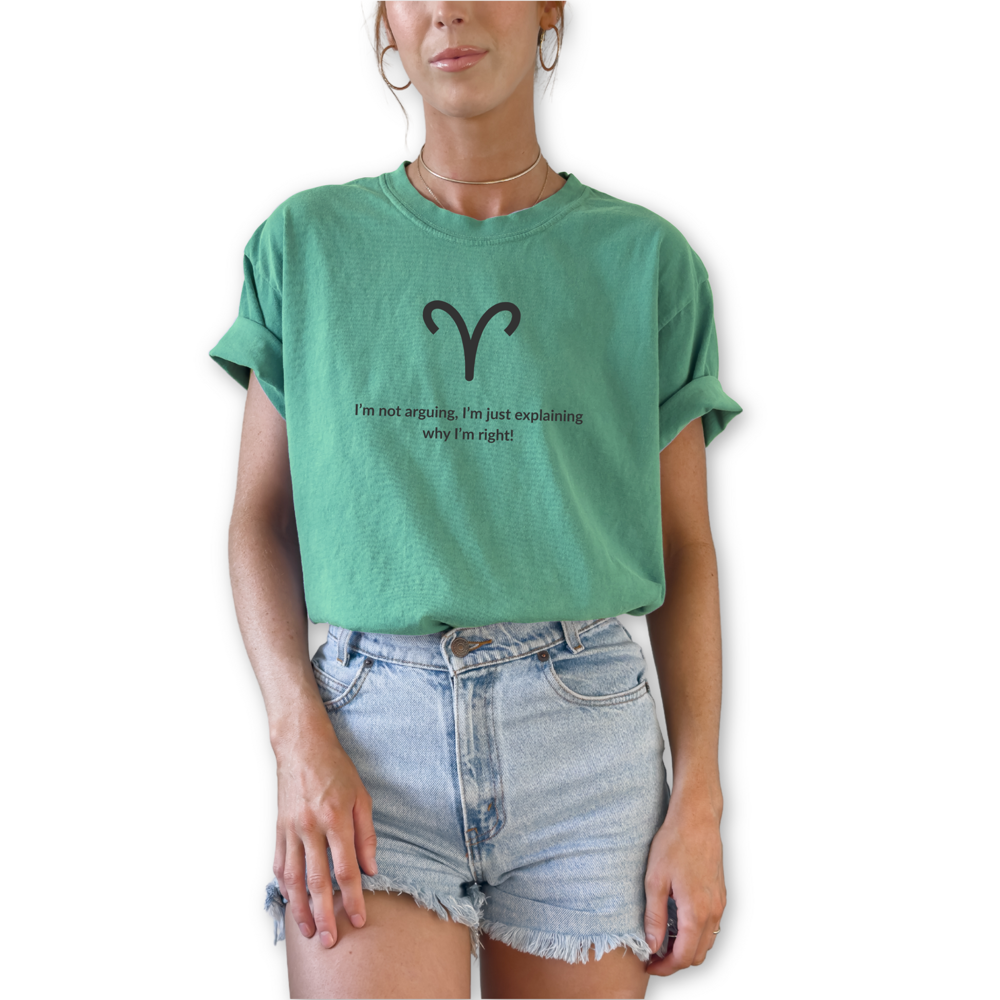 Aries zodiac graphic t-shirt featuring the quote “I’m Not Arguing, I’m Just Explaining Why I’m Right.” Funny astrology shirt for Aries birthdays in March and April. Fire sign unisex tee for horoscope lovers who embrace bold, confident personality traits.