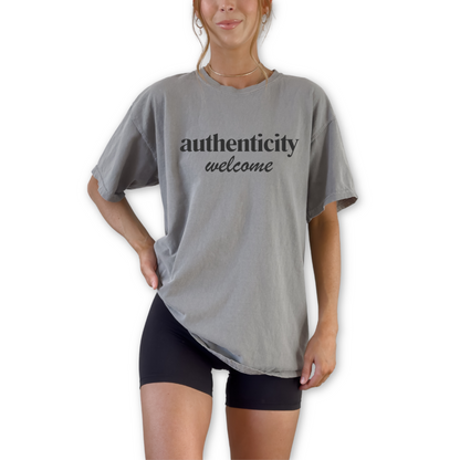 Authenticity Welcome unisex graphic t-shirt featuring inspirational self-expression statement design. Positive mindset quote shirt.