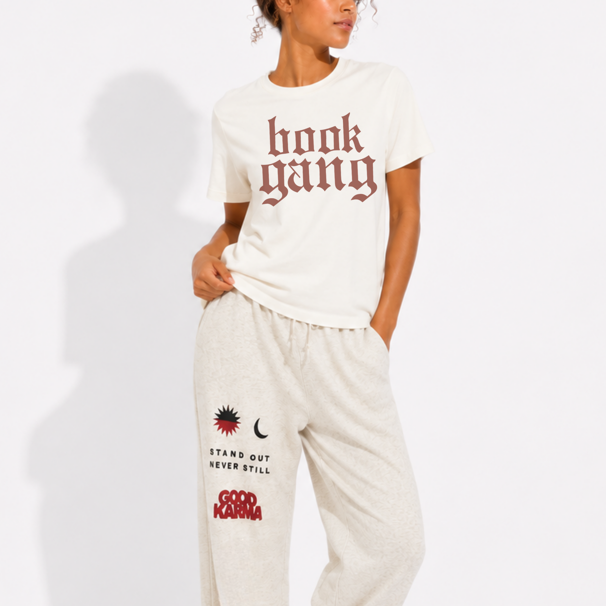 Women's garment-dyed vintage t-shirt with the Book Gang graphic, styled for a cozy bookstore or library-inspired outfit with a relaxed casual look.