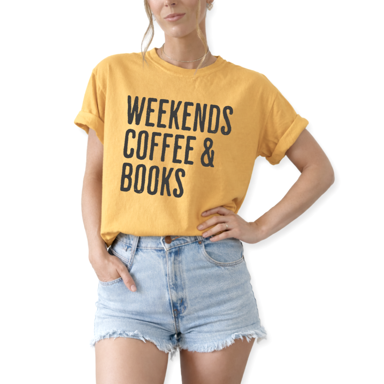 Book club graphic shirt paired with jeans and cardigan for autumn aesthetic and everyday casual look. Unisex retro Weekends Coffee and Books graphic t-shirt styled for cozy reader aesthetic outfit and casual café fashion.