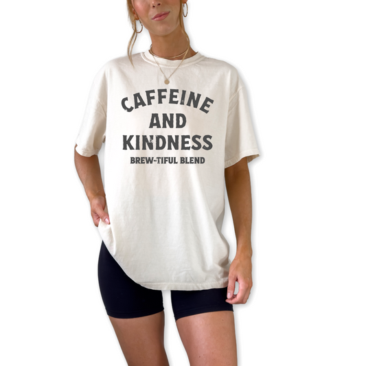 Unisex Caffeine and Kindness Brew tiful Blend retro coffee graphic t-shirt styled for cozy café aesthetic. Ivory and espresso brown coffee lover shirt perfect for baristas and fall outfits