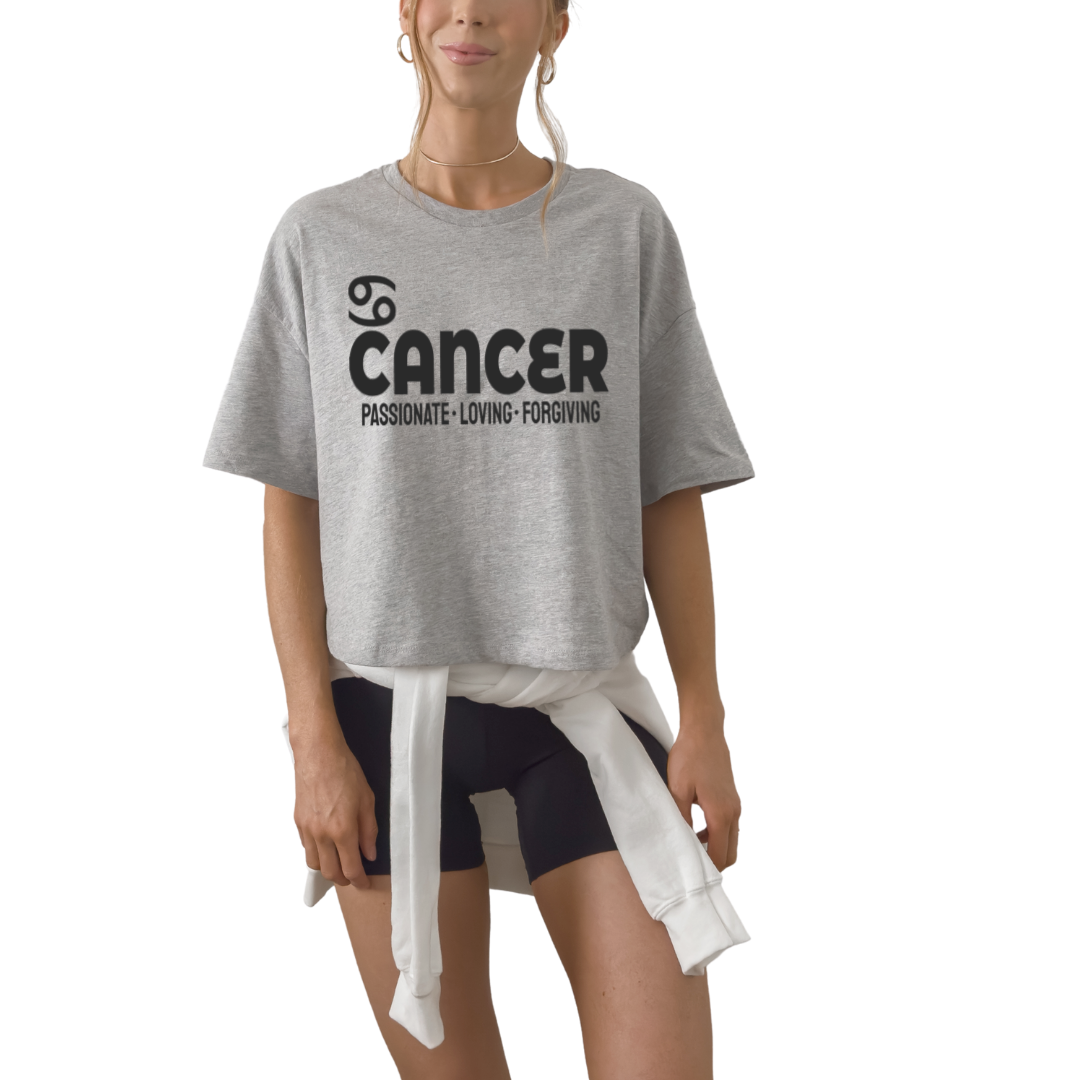 Cancer zodiac horoscope t-shirt featuring “Passionate. Loving. Forgiving.” Astrology graphic tee for June and July water sign birthdays.