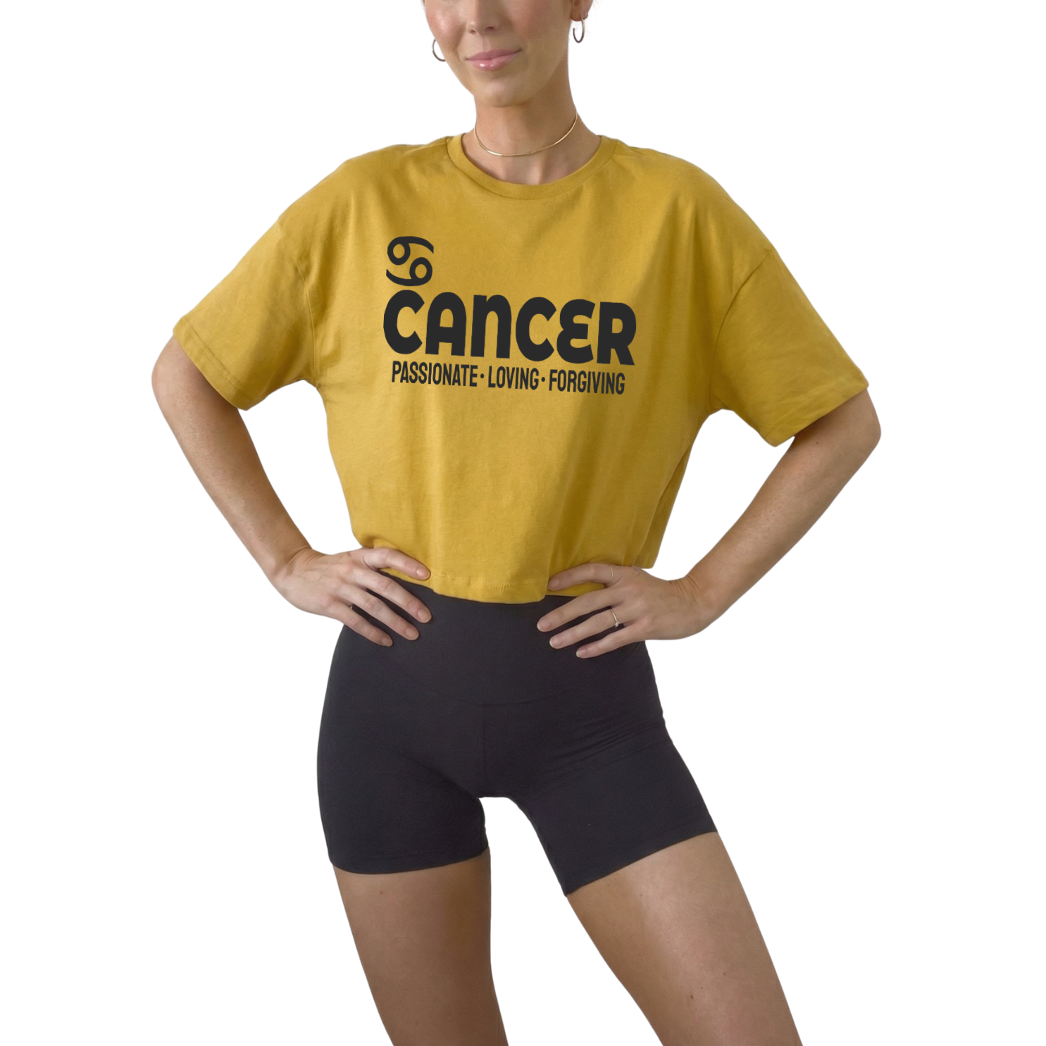 Cancer zodiac horoscope t-shirt featuring “Passionate. Loving. Forgiving.” Astrology graphic tee for June and July water sign birthdays.