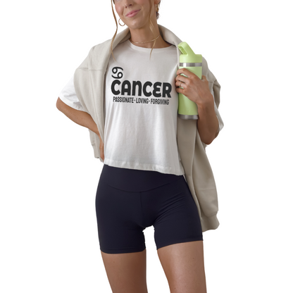Cancer zodiac horoscope t-shirt featuring “Passionate. Loving. Forgiving.” Astrology graphic tee for June and July water sign birthdays.