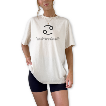 Funny Cancer zodiac shirt with “I’m Not a Drama Queen” quote. Unique astrology gift for Cancer birthdays, horoscope fans, and water sign personalities who embrace their emotional side.