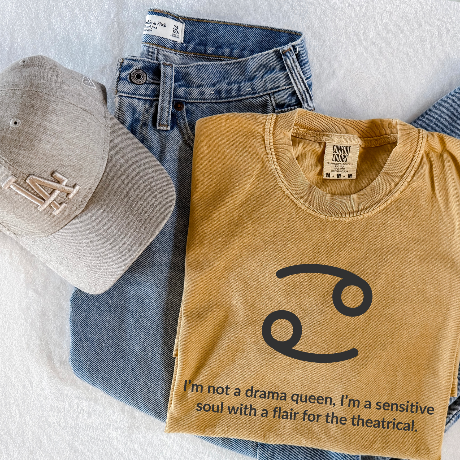 Cancer zodiac graphic t-shirt with “I’m Not a Drama Queen, I’m a Sensitive Soul with a Flair for the Theatrical.” Funny astrology shirt for June and July birthdays. Water sign unisex tee for horoscope lovers.