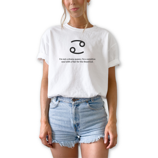 Funny Cancer zodiac shirt with “I’m Not a Drama Queen” quote. Unique astrology gift for Cancer birthdays, horoscope fans, and water sign personalities who embrace their emotional side.