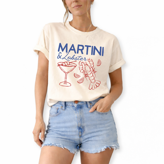 Unisex retro martini and lobster graphic t-shirt with nautical coastal aesthetic, vintage seafood cocktail design summer beach outfit inspiration