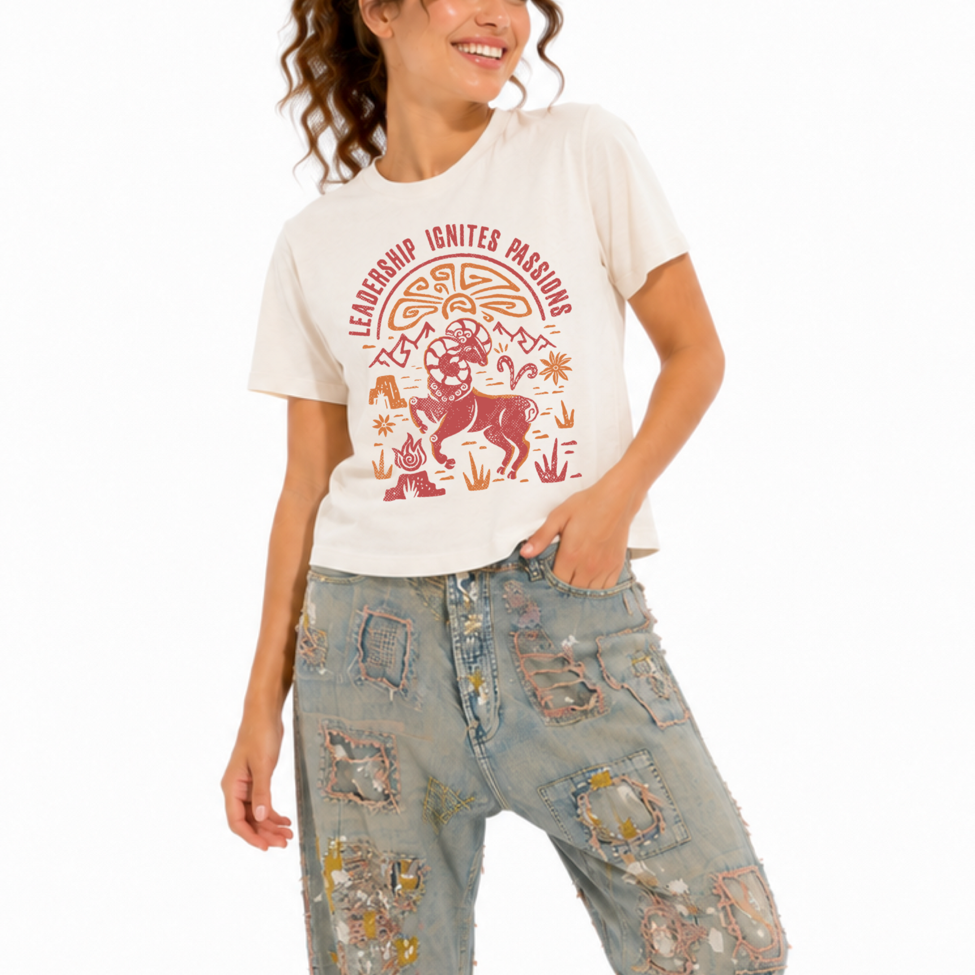 Women's Cosmic Energy heavyweight washed graphic T-shirt featuring the Aries zodiac sign.