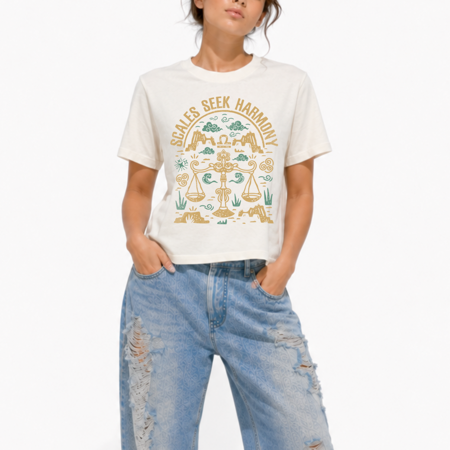 Women's Cosmic Energy heavyweight washed graphic T-shirt featuring the Libra zodiac sign.