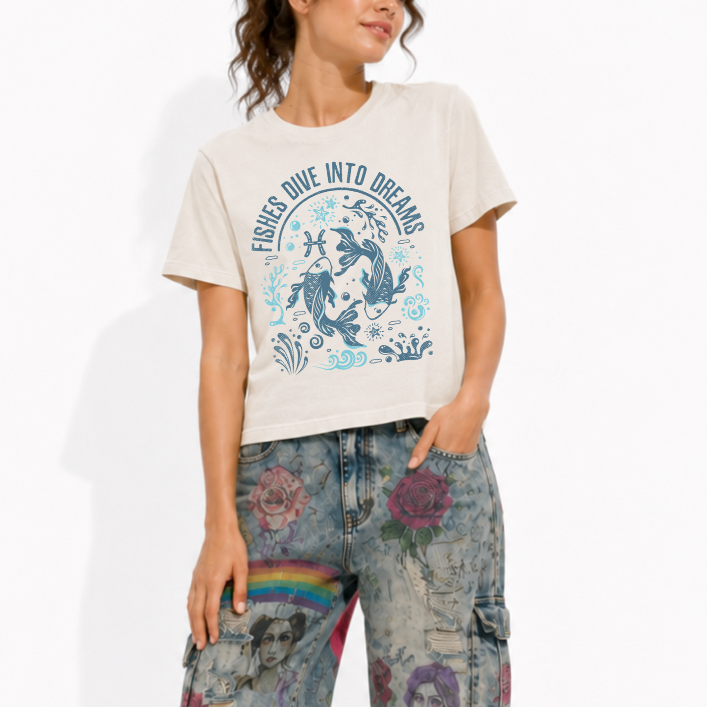 Women's Cosmic Energy heavyweight washed graphic T-shirt featuring the Pisces zodiac sign.