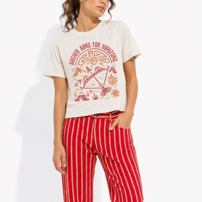 Women's Cosmic Energy heavyweight washed graphic T-shirt featuring the Sagittarius zodiac sign.