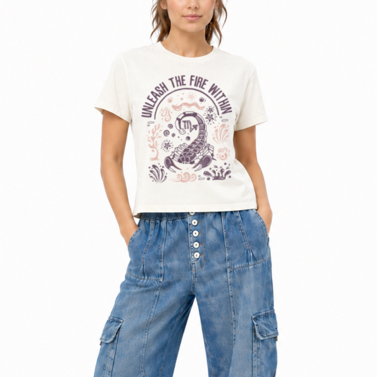 Women's Cosmic Energy heavyweight washed graphic T-shirt featuring the Scorpio zodiac sign.