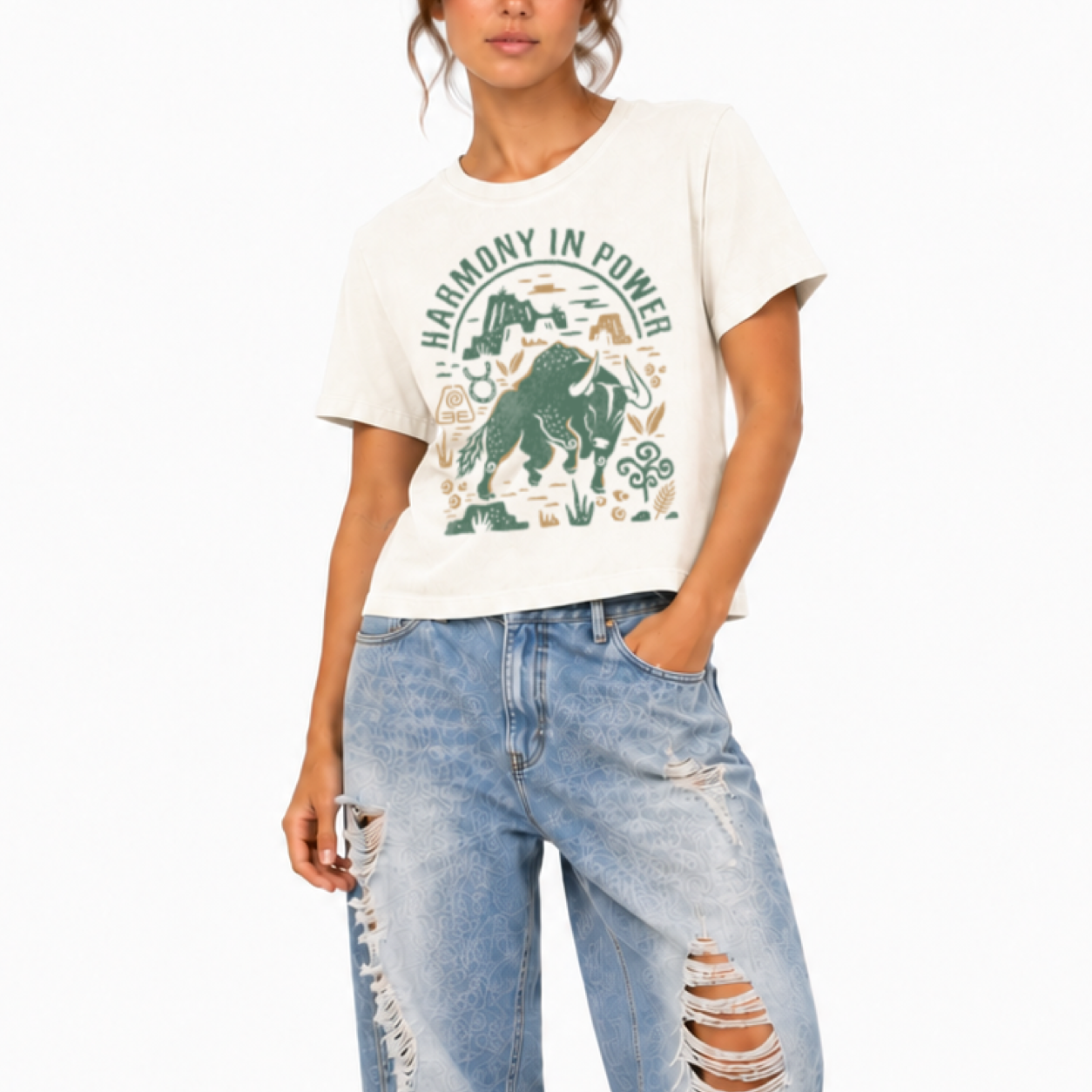Women's Cosmic Energy heavyweight washed graphic T-shirt featuring the Taurus zodiac sign.